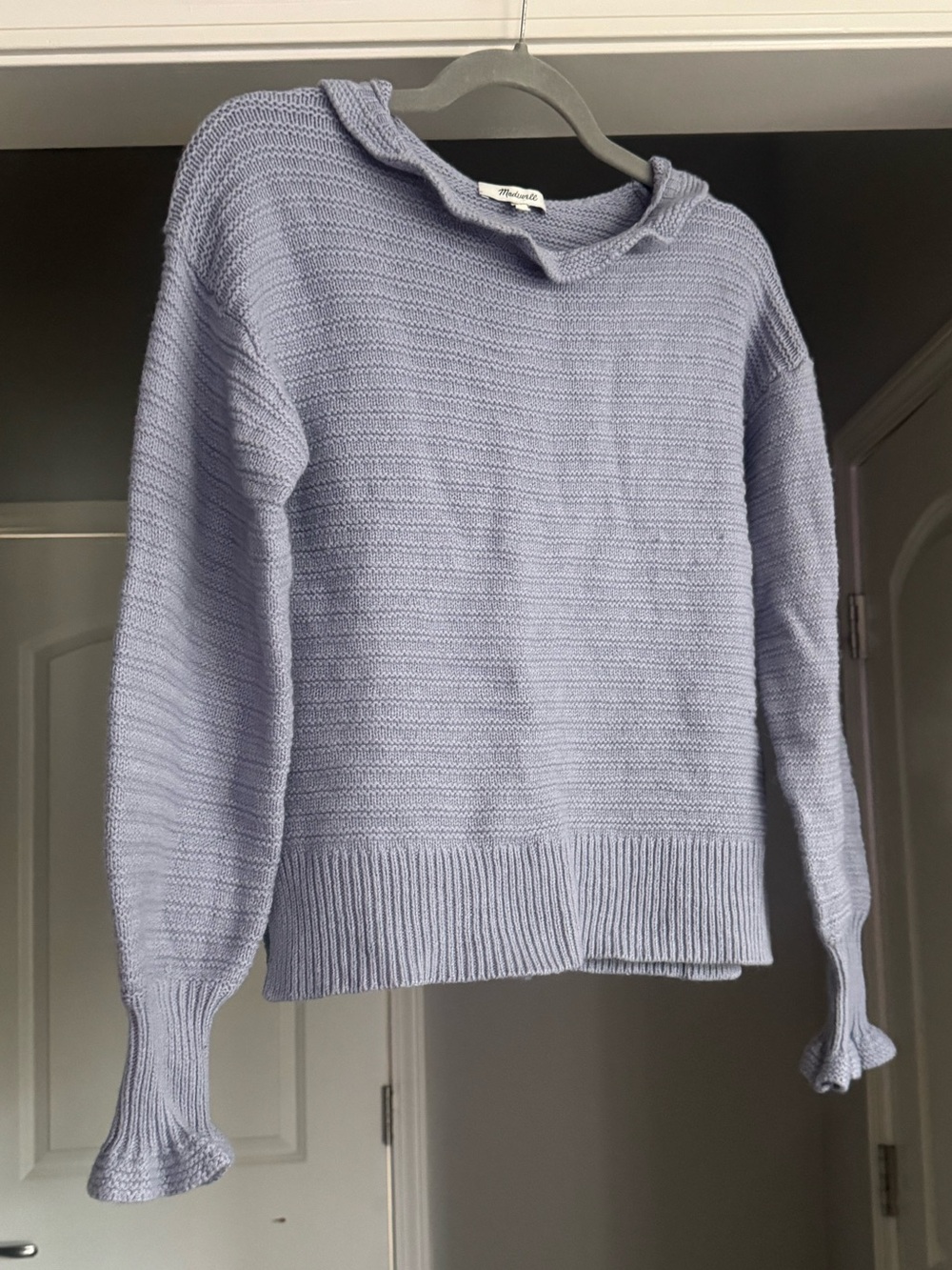 Madewell Light Lavender Merino Wool Cotton Blend Ruffle-Cuff Crewneck Sweater Sm